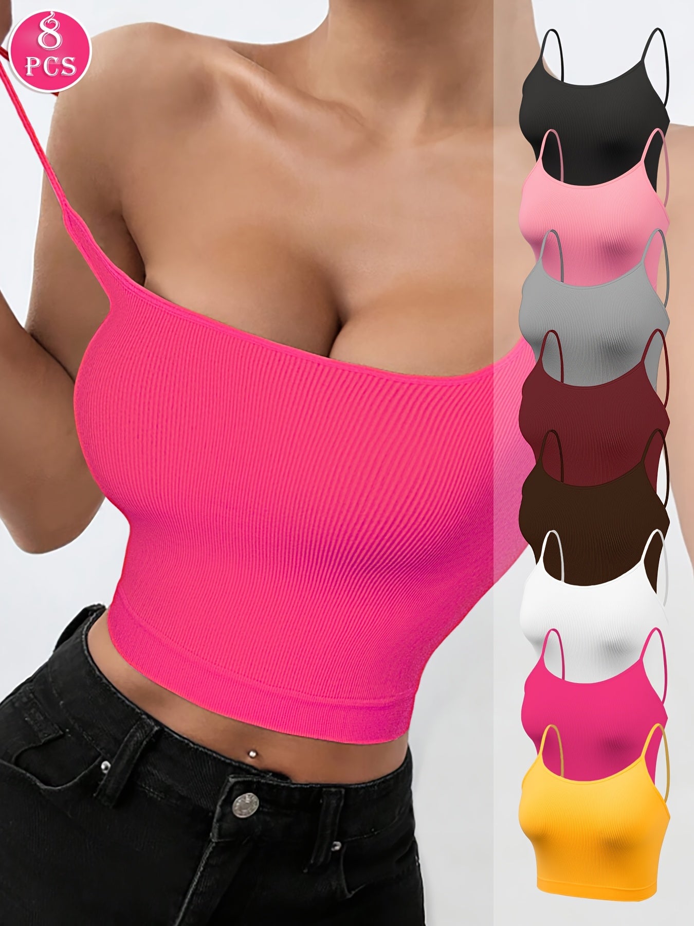 4/8pcs Solid Color Side Stripe Sexy Strapless Women'S Outerwear Camisole Daily Bra&Seamless Stretch Spaghetti Straps Sports & Casual Tank Top Bra Without Steel Ring&Women'S Underwear And Lingerie