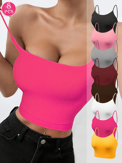 4/8pcs Solid Color Side Stripe Sexy Strapless Women'S Outerwear Camisole Daily Bra&Seamless Stretch Spaghetti Straps Sports & Casual Tank Top Bra Without Steel Ring&Women'S Underwear And Lingerie