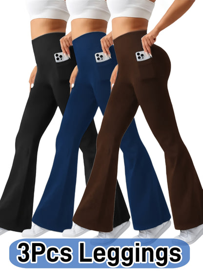 Ultra-Soft High-Waist 3pcs Women'S Flare Leggings With Side Pockets - Tummy Control, Stretchy Bootcut Pants For & Casual Wear - 4 Colors, Four Seasons, Style, Occasion