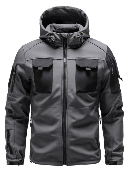 Men's Tactical Jacket Outdoor Zippered Shell Jacket, Windproof, Scratch Resistant, Warm Hooded Jacket, Suitable for Outdoor Activities, Ripstop Technology, Multiple Utility Pockets - Non-Stretch Outdoor Gear for Camping, Survival, Tactical Training.