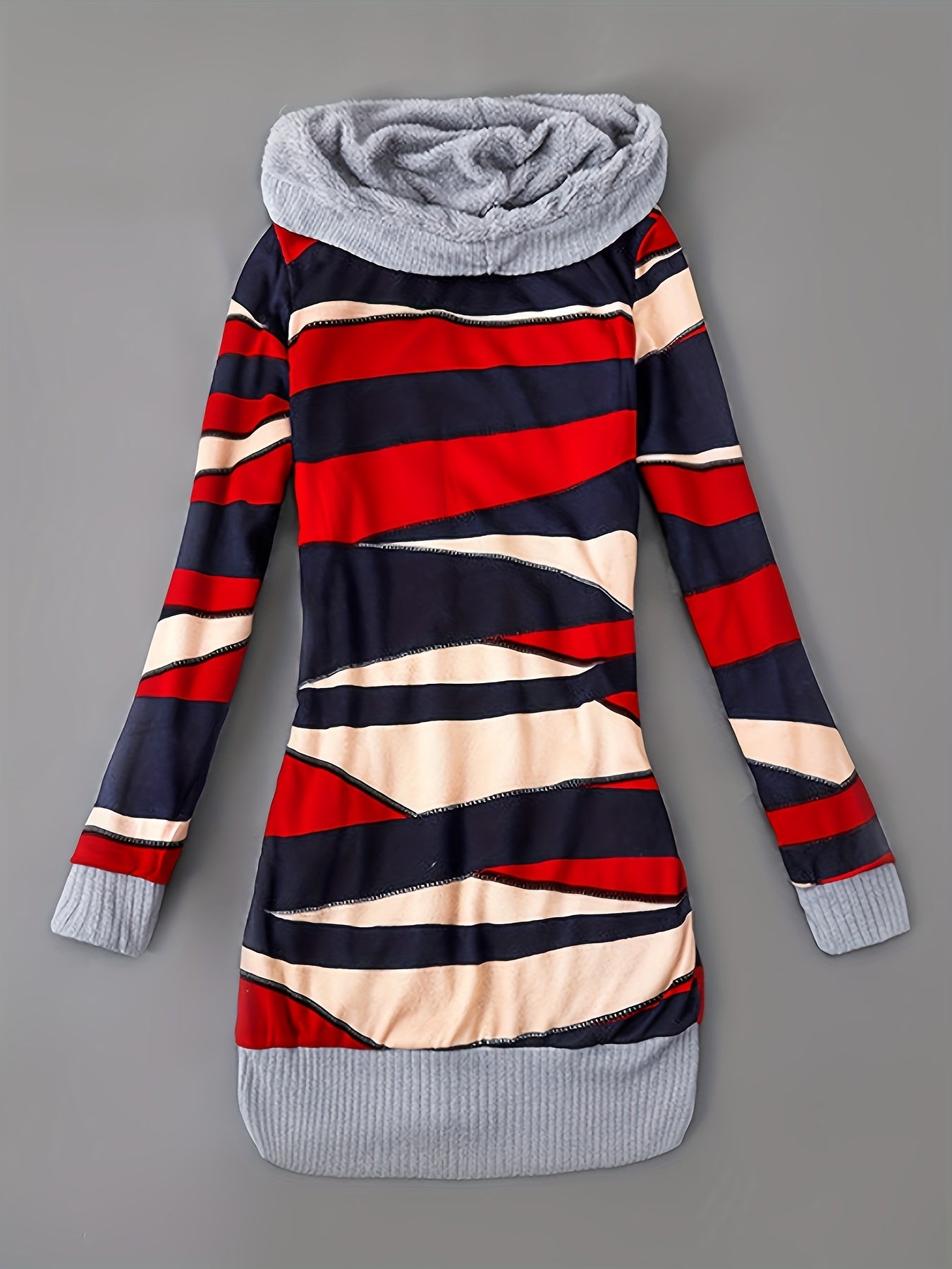 Women'S Fall Winter Casual Hooded Jacket, Warm Fleece Lined Long Sleeve Coat with Geometric Pattern And Colorblock Design