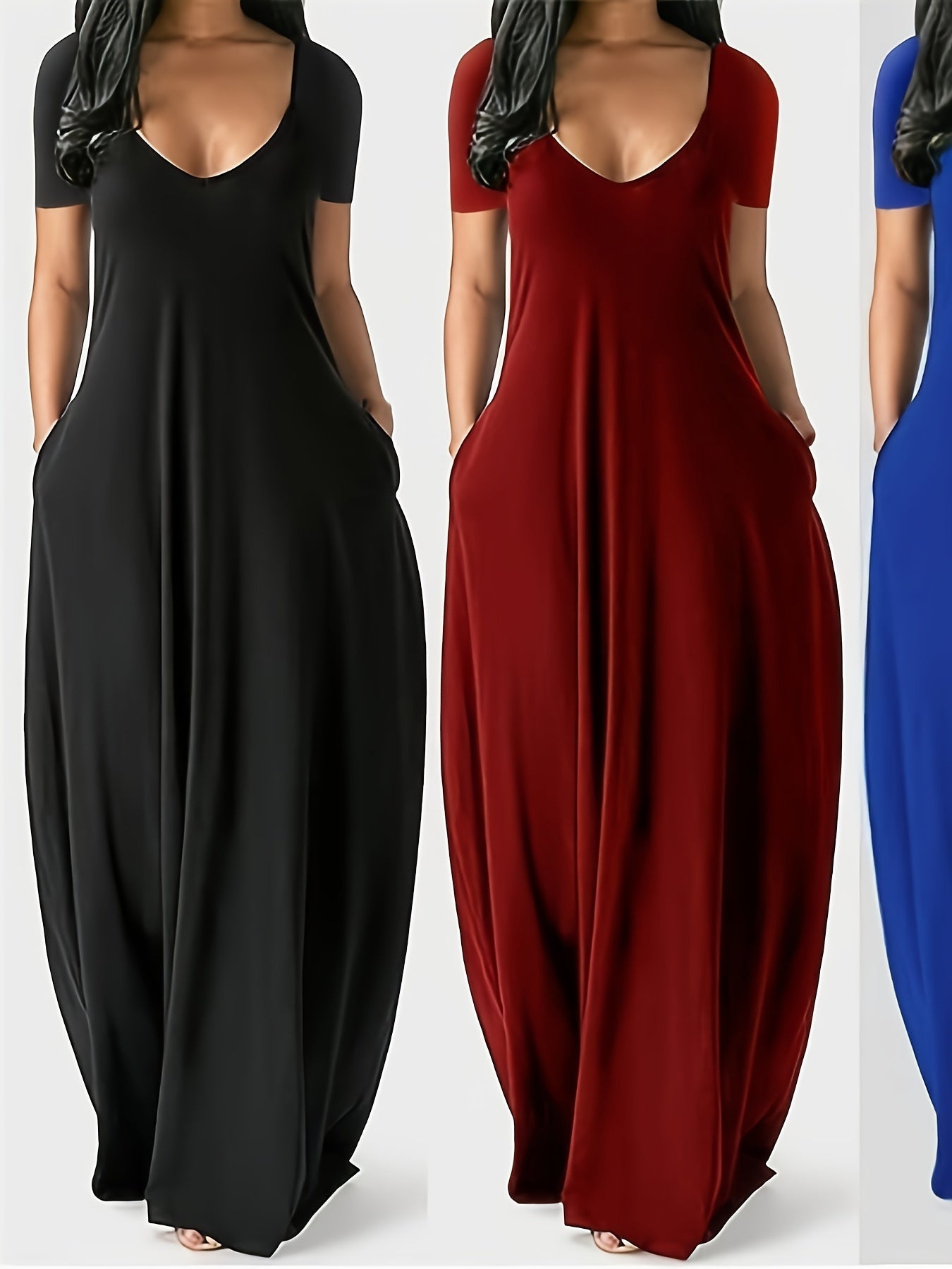2pcs Set Of Summer V-neck Long Skirt, Casual Loose And A-line Dress, Women'S Short Sleeved Versatile Long Skirt, Short Sleeved Long Skirt, Big Swing Long Skirt, And Lazy Style