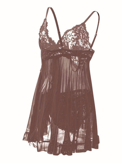 Big Size Sultry Valentine Lace Sleepwear Dress Set - Exquisite Lace, Flattering V-Neckline, Daring Backless Design, Delicate Ruffle Trim, Trendy Split Hem, Seductive Thong Detail, Ultra-Comfortable Fabric, Perfect For Romantic Night, Anniversary Gift
