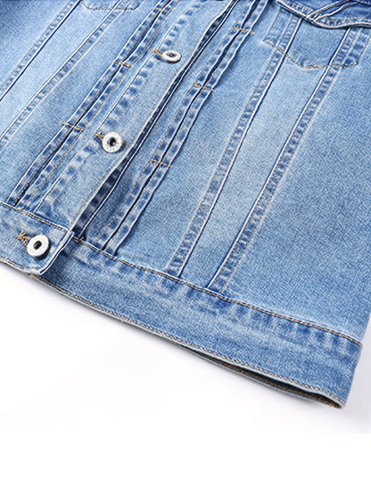 Ladies' Short Denim Jacket with a Slim Fit, Featuring 3/4 Sleeves And a Distressed Look
