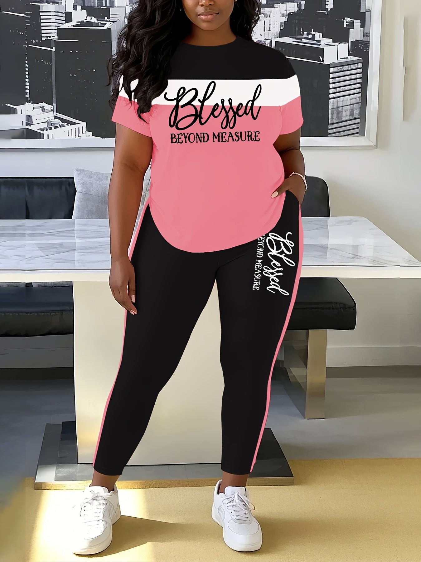 Women's Casual Two-Piece Outfit "BLESSED" Letter Print Color-Block T-Shirt And Pocket Pants Set