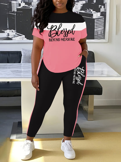 Women's Casual Two-Piece Outfit "BLESSED" Letter Print Color-Block T-Shirt And Pocket Pants Set