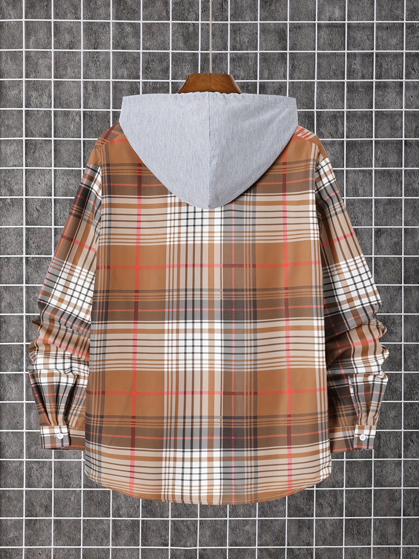 Men'S Plaid Hooded Button-Up Shirt - Long Sleeve Casual Shirt with Adjustable Drawstring Hood, Machine Washable, Spring/Fall Seasonal Transition, Earthy Tones (Brown/Beige/Red/Black/White), Autumn Wardrobe, Hooded Outerwear, No Stretch Fabric