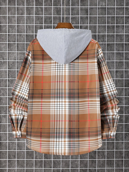 Men'S Plaid Hooded Button-Up Shirt - Long Sleeve Casual Shirt with Adjustable Drawstring Hood, Machine Washable, Spring/Fall Seasonal Transition, Earthy Tones (Brown/Beige/Red/Black/White), Autumn Wardrobe, Hooded Outerwear, No Stretch Fabric