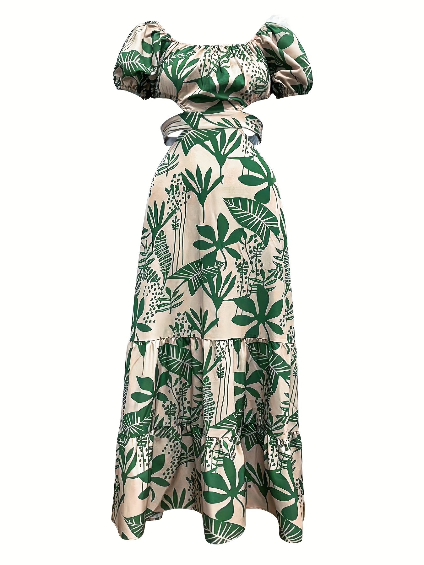 [Print Maxi Dress] Print Maxi Dress for Women - Chic Summer Commuter Style with Ruffle Hem And Tie Detail, Breathable, Machine Washable, Summer Commuter Wear|Split Sleeve Dress|Glossy Fabric, Casual Summer Dresses