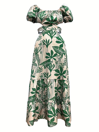 [Print Maxi Dress] Print Maxi Dress for Women - Chic Summer Commuter Style with Ruffle Hem And Tie Detail, Breathable, Machine Washable, Summer Commuter Wear|Split Sleeve Dress|Glossy Fabric, Casual Summer Dresses