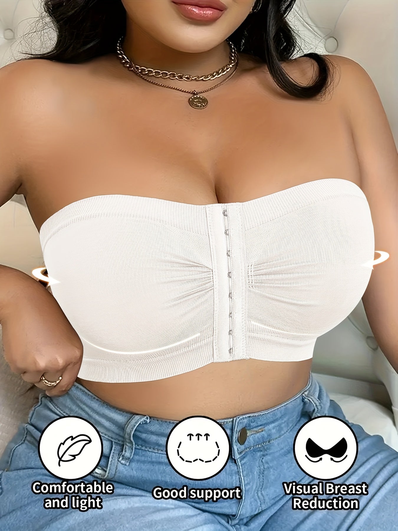 A Strapless Bra for Plus-Size Women Featuring Front Buttons, No Wires, And Designed to Lift And Prevent Sagging, Crafted from a Comfortable And Breathable Blend of Nylon And Elastane