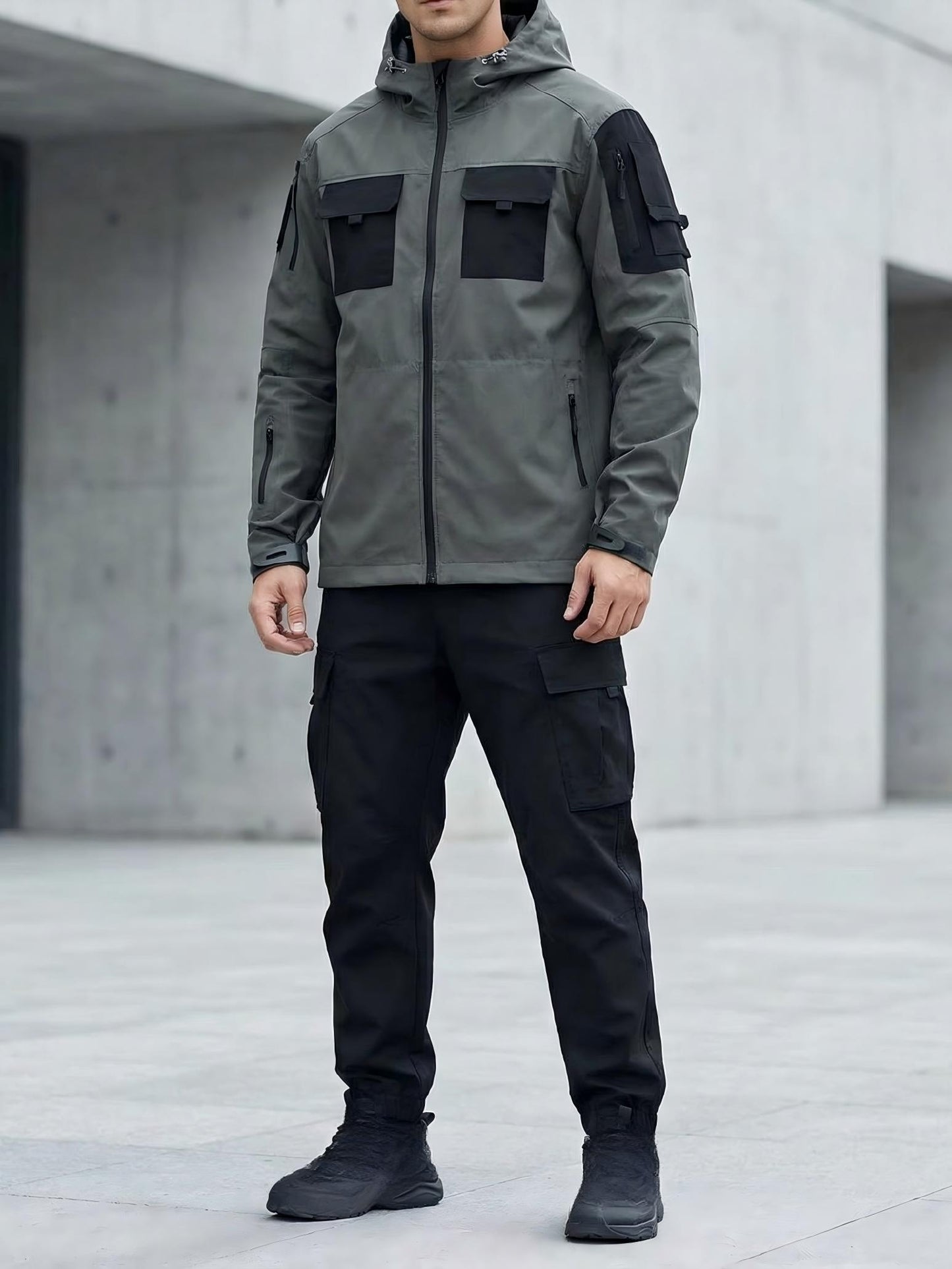 Men's Windproof Outdoor Jacket - Heavy-Duty Full-Zip Hooded Coat with Zippered Pockets, Scratch-Resistant Shell for Hiking, Camping, Hunting (Belt Included) Adjustable Hood -All-in-One Outdoor Shell Coat for Camping Essentials, Rugged Design, Durable