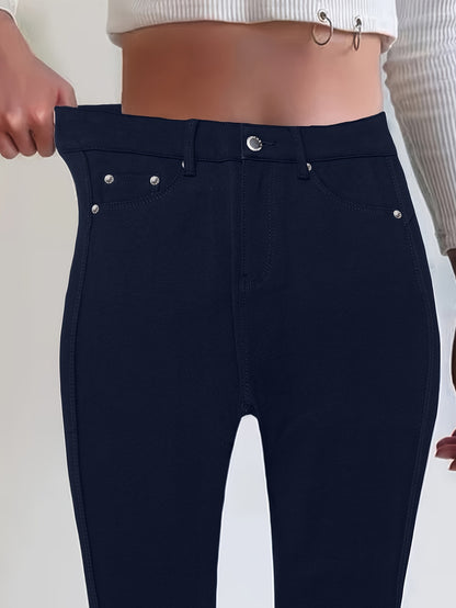 Women's High-Waisted Stretch Street Style Solid Black Skinny Fashion Metal Button Detail Casual Jeans