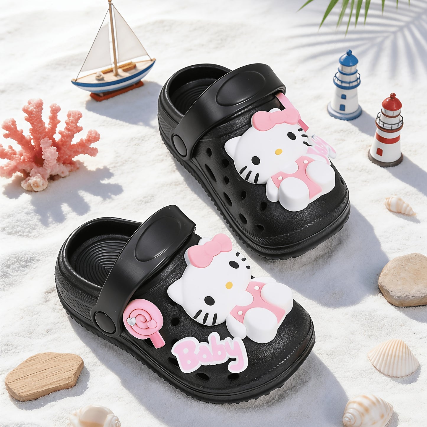 New Cartoon Lollipop Letter Hole-Punched Shoes - Sanrio Hellokitty Princess Shoes - Boys' Breathable Soft-Tread Anti-Slip Head-Attached Slippers - Outdoor Beach Travel Home Bath Two-Use Sandals