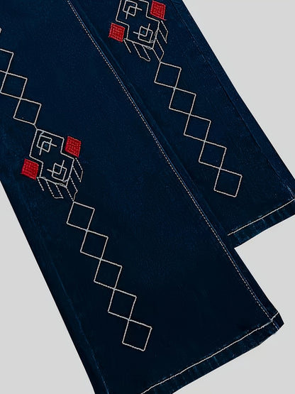 HME Autumn/Winter New Arrival - Women's Stretch Flared Fashion Pants with Contrast Stitching and Embroidery, Stylish and Elegant Classic Vintage Blue, Suitable for All Seasons, Women's Long Pants, No Belt Included