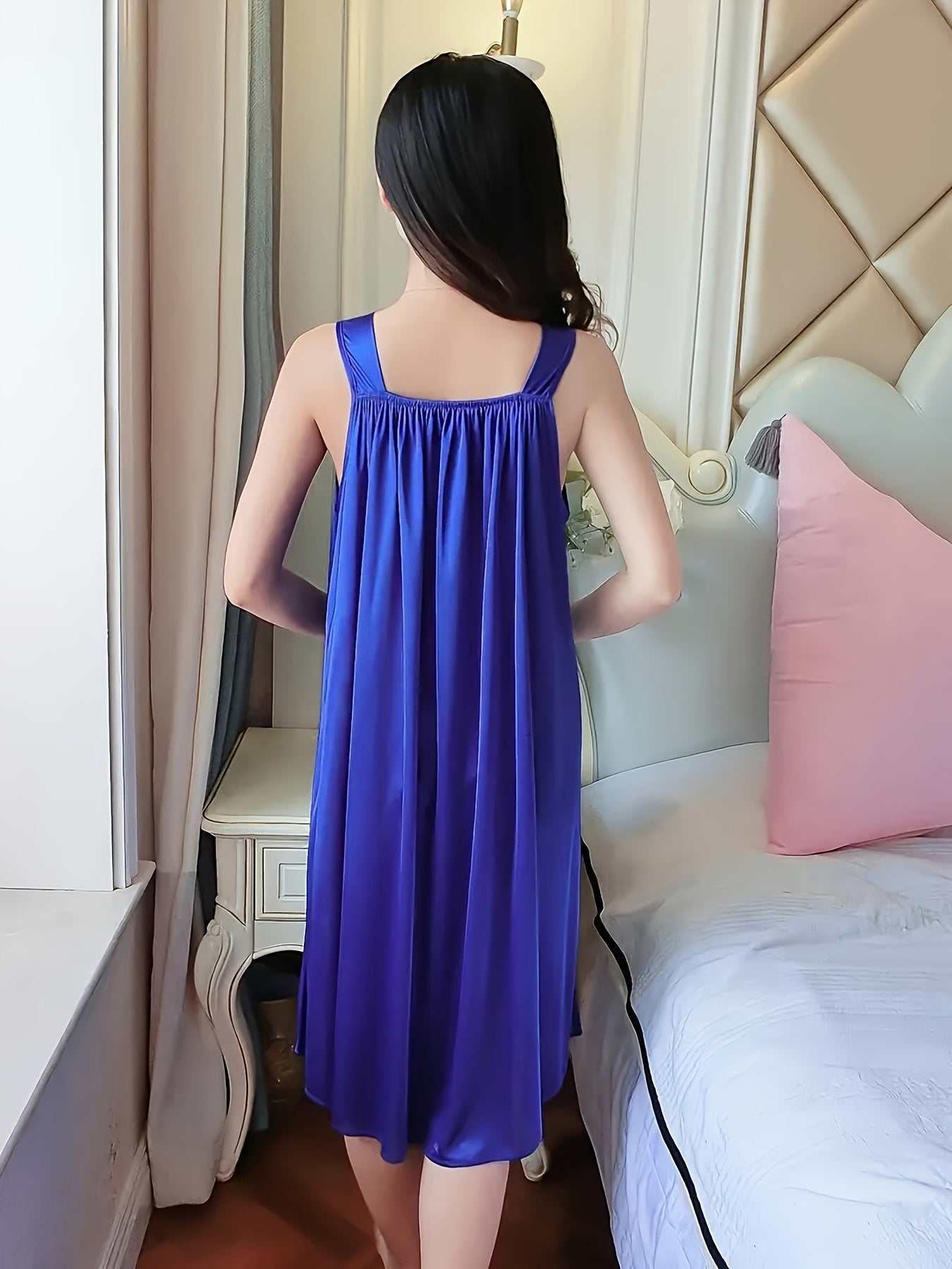 2pcs of Women'S Elegant Lace Pajamas - Smooth Satin Fabric, Purple And Blue, Sleeveless Round Neck Nightgown, Exquisite Floral Lace Details, Light And Comfortable in Summer