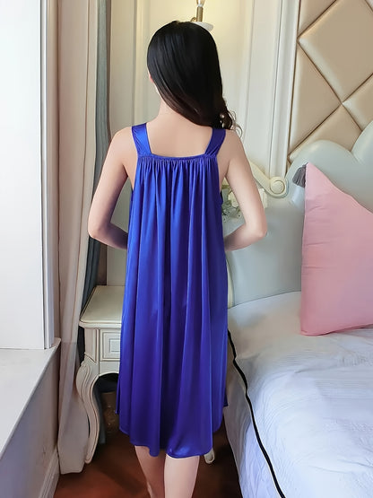 2pcs of Women'S Elegant Lace Pajamas - Smooth Satin Fabric, Purple And Blue, Sleeveless Round Neck Nightgown, Exquisite Floral Lace Details, Light And Comfortable in Summer