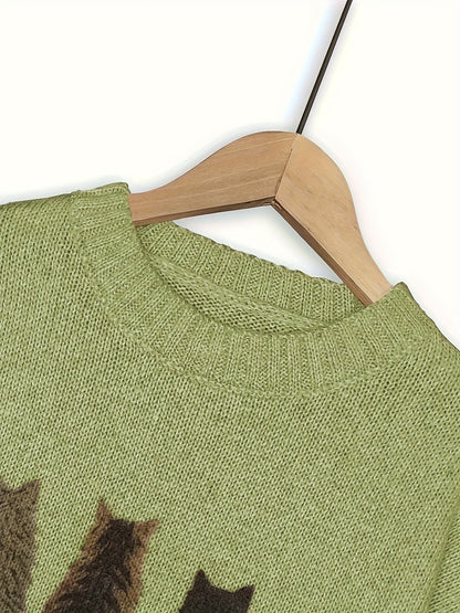 [Cozy Cat Sweater] Cozy Cable Sweater with Playful Cat Print | Women'S Beige & Brown, Loose Fit, Long Sleeve, Round Neck, Casual Spring And Autumn Top Ropa De Mujer Promotion Local Warehouse Discount