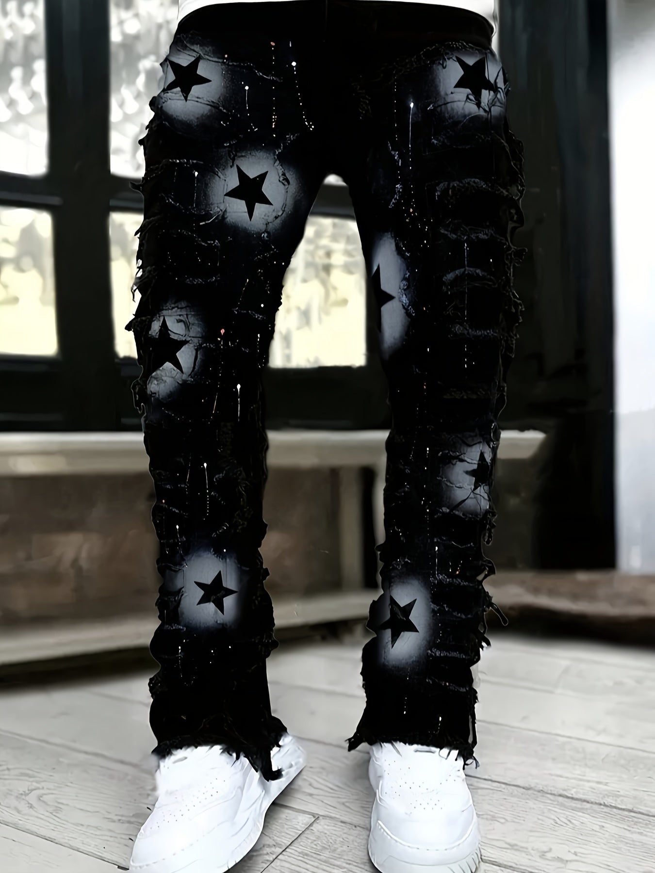 Men'S Star Print Fashion Layered Tassel Jeans