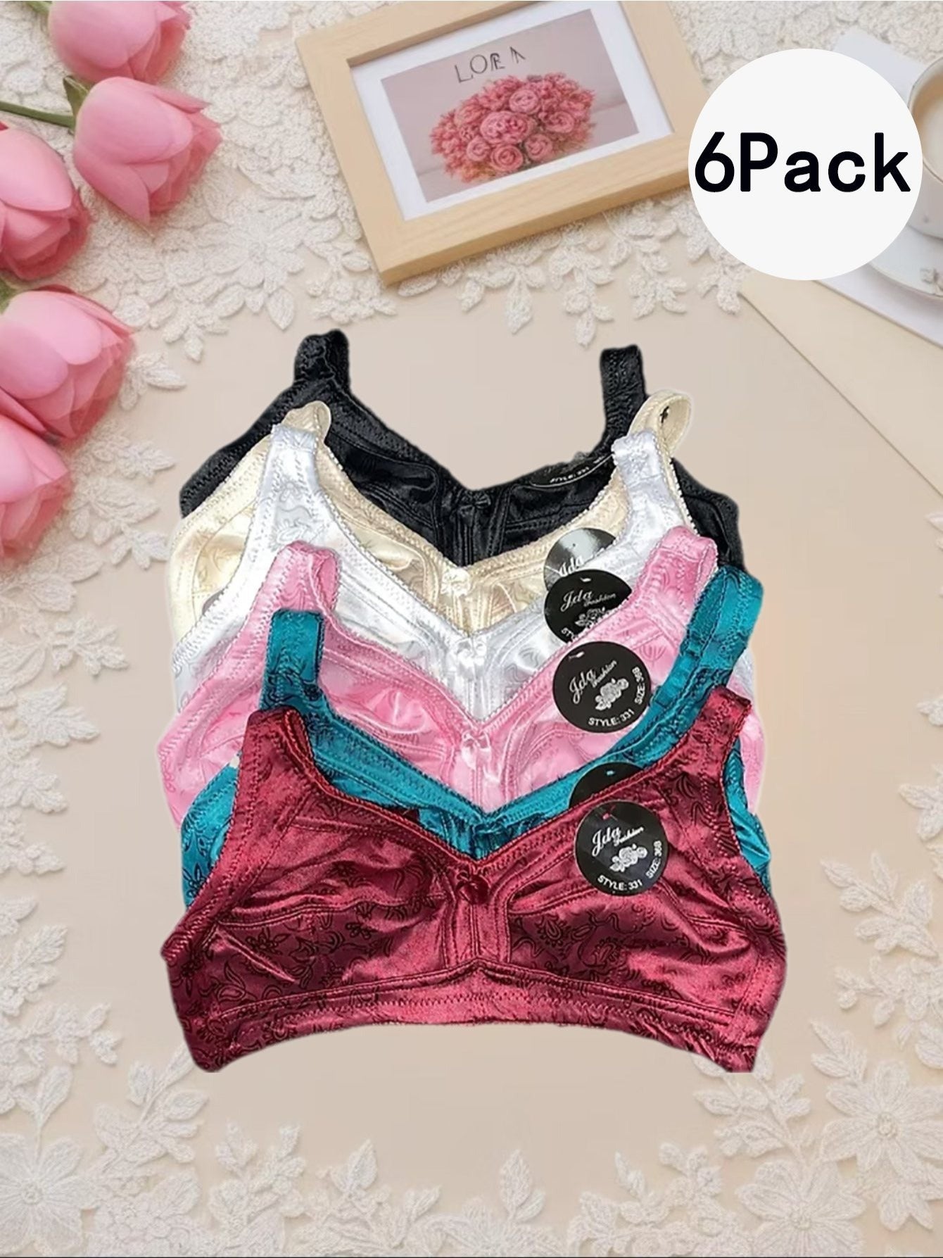 6pcs Plus Size Floral Lace Bralette - Comfortable & Stylish Full Coverage, Wireless Satin Full Coverage Mama Bra, Plus Size Lingerie for Women