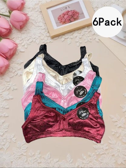 6pcs Plus Size Floral Lace Bralette - Comfortable & Stylish Full Coverage, Wireless Satin Full Coverage Mama Bra, Plus Size Lingerie for Women