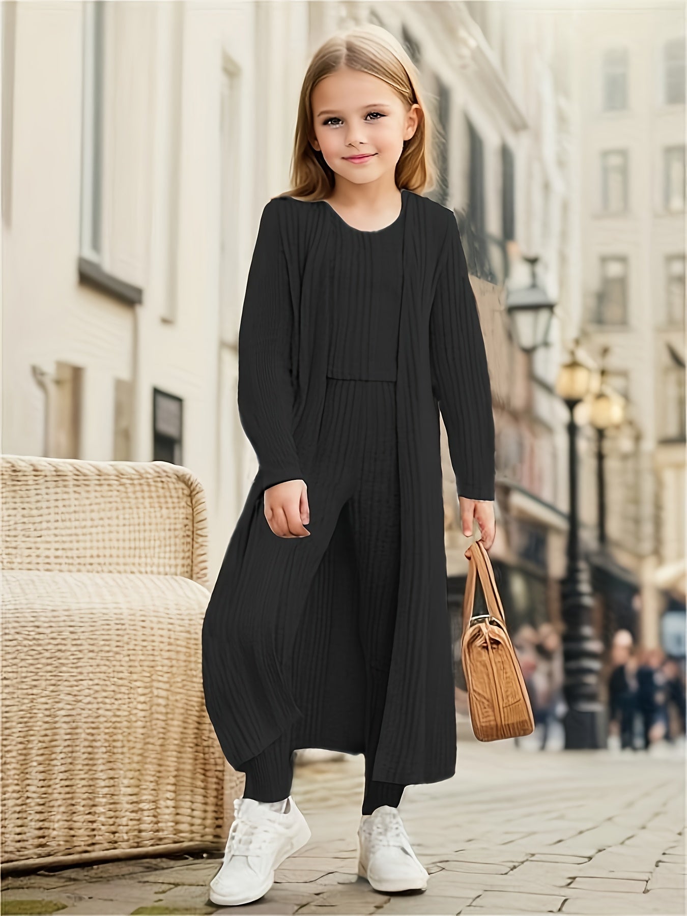 Stretchy Knitwear 3pcs Girls, Long Sleeve Shawl Knit Cardigan + Top + Leggings Kids Gift, perfect for casual outdoors & walking dog, Perfect for Outdoor