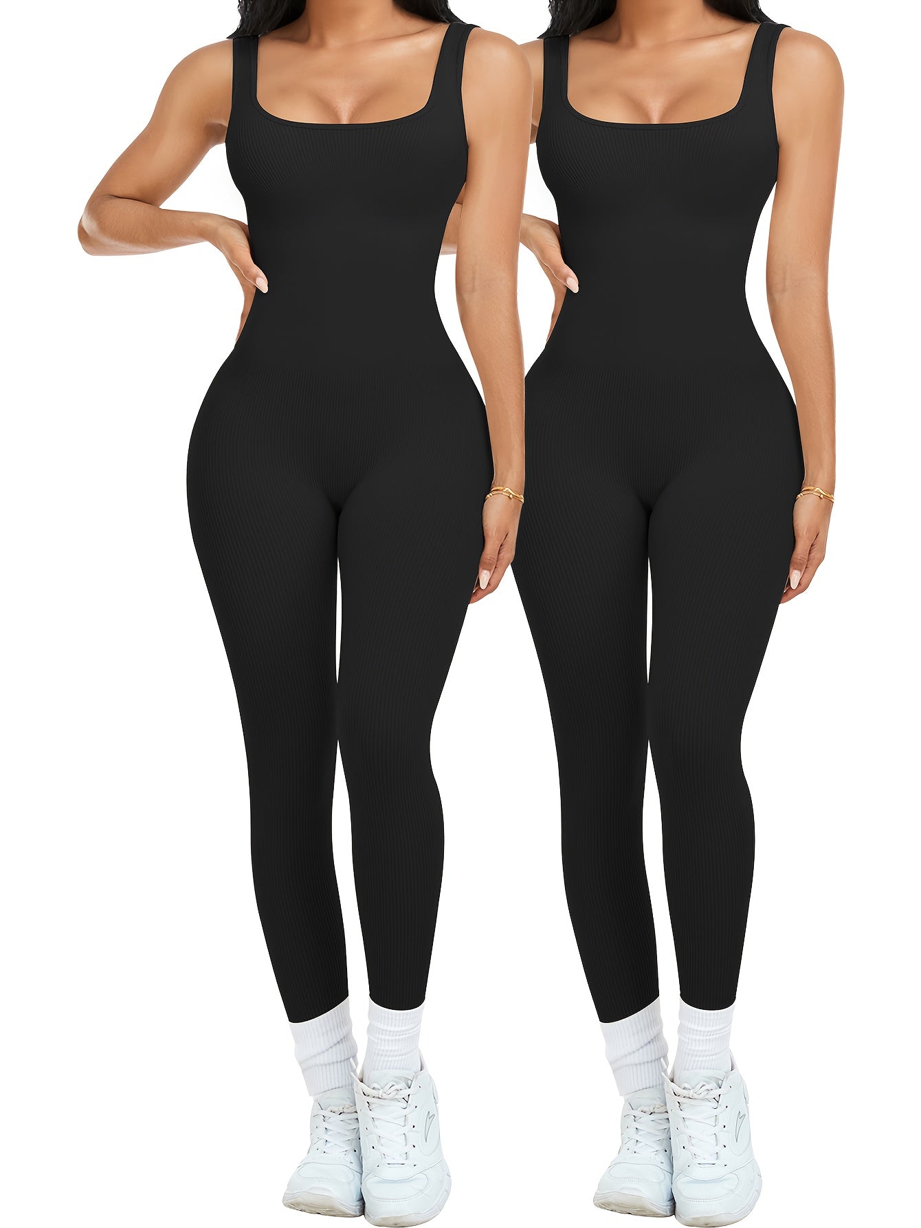 2pcs - Women'S Autumn And Winter Sleeveless Square Collar Long Jumpsuit, 90% Nylon And 10% Elastic Fiber Fabric Comfortable, Thick, Impermeable Washable And Reusable, Suitable For Any Activity Occasion, Exercise, Fitness, Pilates, Running, Yoga