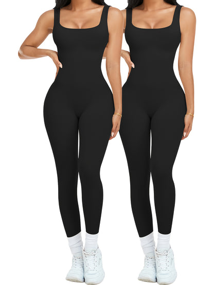 2pcs - Women'S Autumn And Winter Sleeveless Square Collar Long Jumpsuit, 90% Nylon And 10% Elastic Fiber Fabric Comfortable, Thick, Impermeable Washable And Reusable, Suitable For Any Activity Occasion, Exercise, Fitness, Pilates, Running, Yoga