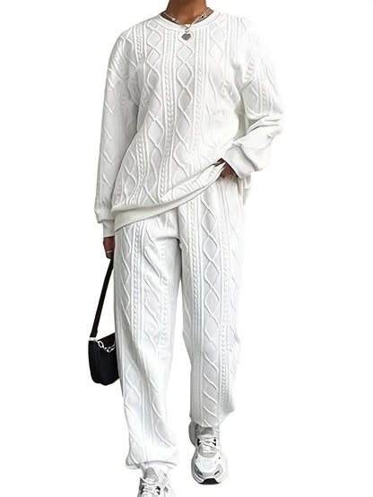 Women's Casual Pullover Two-piece Set, Suitable for Spring And Autumn, Consisting Of A Textured Long-sleeved Top And Jogging Pants