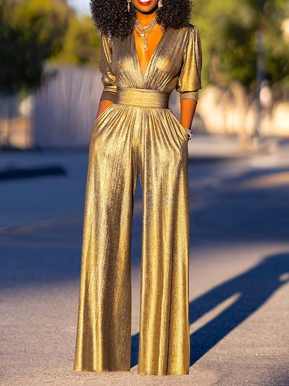 Women's Shiny Deep High Waist Wide- Jumpsuit - Elegant Three-Quarter Sleeve Bodysuit Suitable for Evening Weddings, Parties & Fall Outfits, Loose-Fit Trousers, Solid Color Full-Length Pants