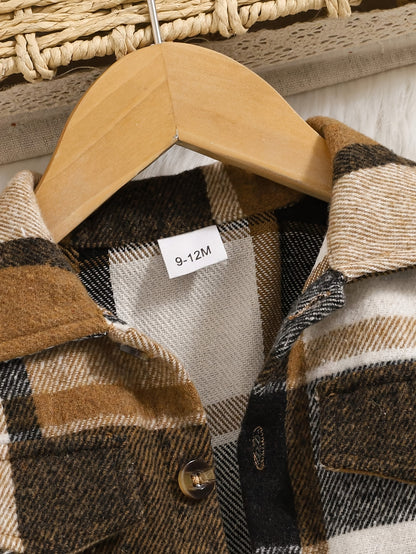 2pcs for Baby Girls Clothes And Toddlers In Autumn And Winter, Including A Green Two-tone Plaid Long-sleeve Coat And A Black Camisole Jumpsuit, Perfect for Outdoor