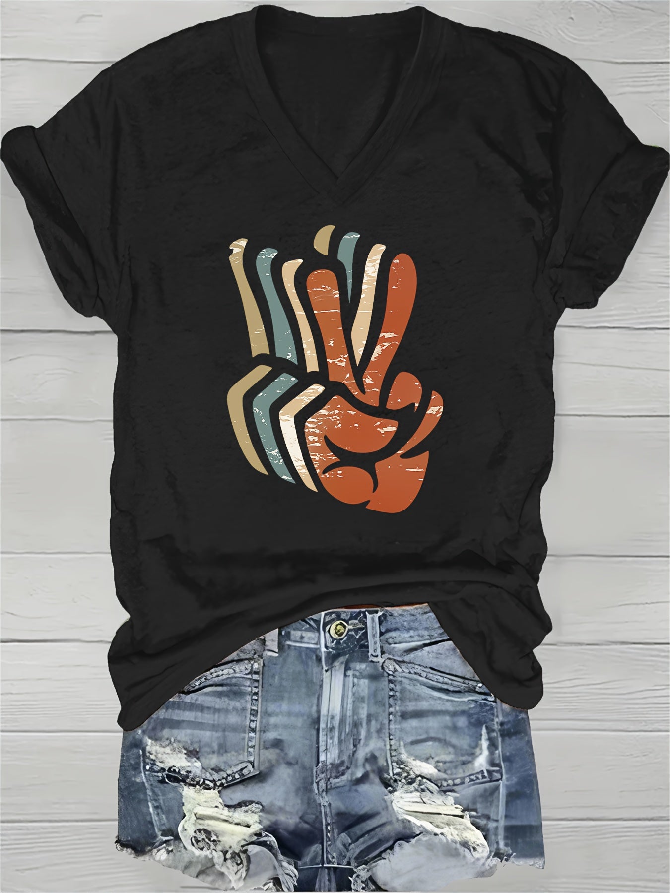 Women's Dark Gray Printed V-Neck T-Shirt - product view 12