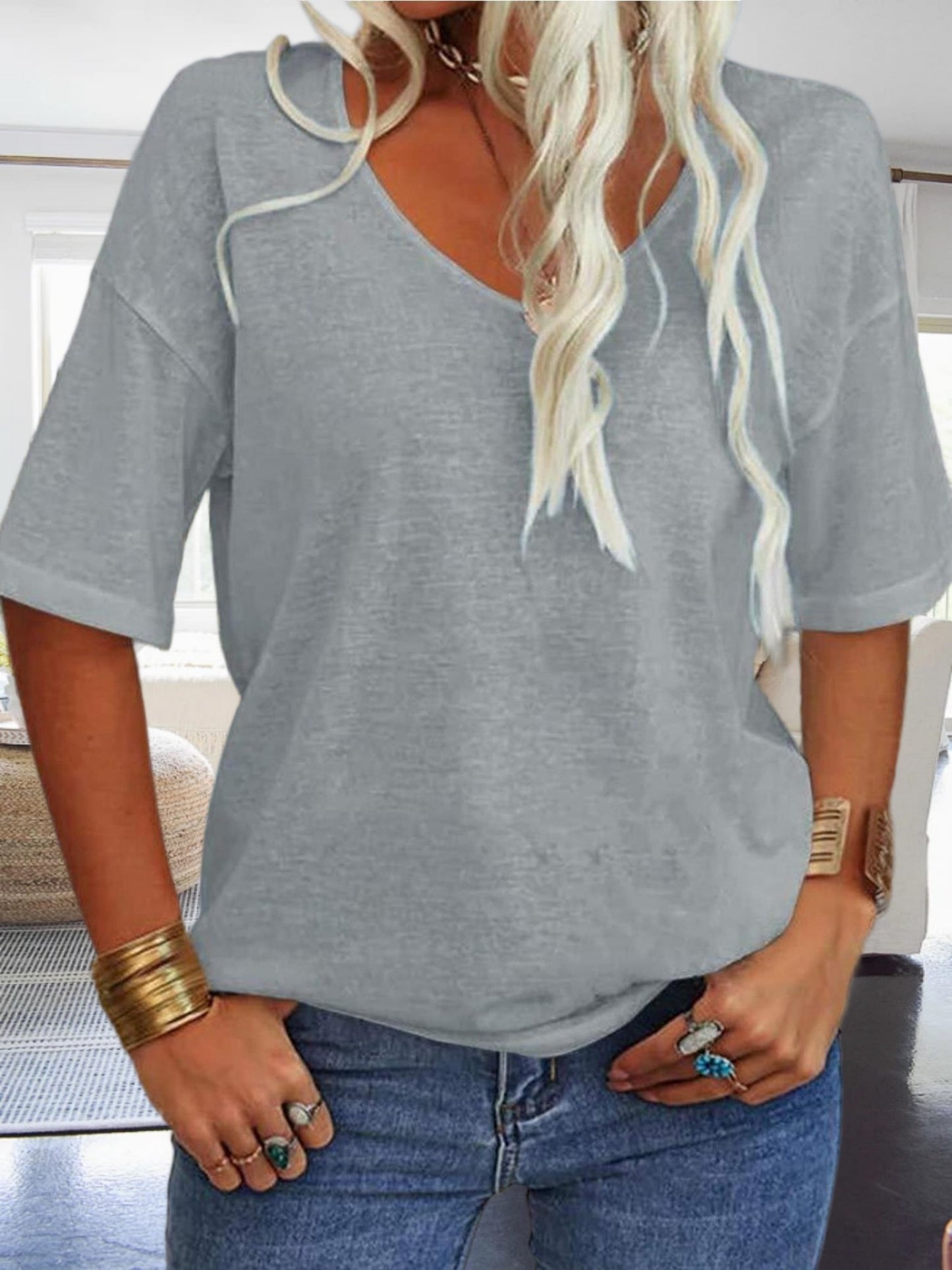 Women's Casual Loungewear Top, Loose V-Neck Short Sleeve Shirt, Soft Comfy Basic Daily Home Wear