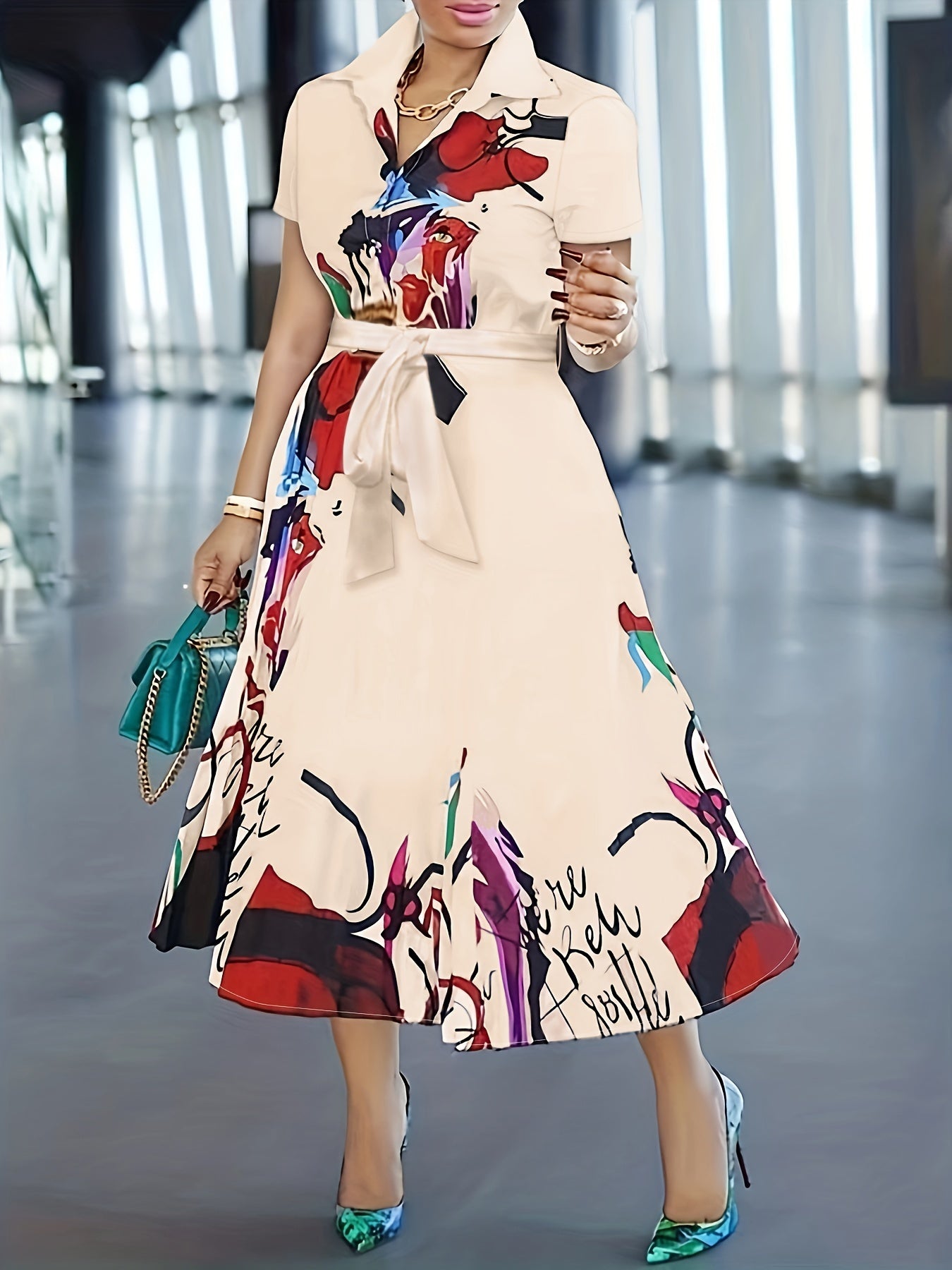 Women's Floral Print A-Line Dress with Button Front & Collared Short Sleeves - Vibrant Spring Summer Fall Casual Elegant Midi Dress, Machine Washable, Seasonal Wardrobe, Breathable Material, Adult Clothing