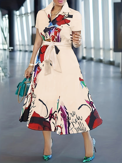 Women's Floral Print A-Line Dress with Button Front & Collared Short Sleeves - Vibrant Spring Summer Fall Casual Elegant Midi Dress, Machine Washable, Seasonal Wardrobe, Breathable Material, Adult Clothing