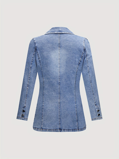 Women's Classic Denim Jacket, Casual V-Neck Long Sleeve Solid Color Coat with Pockets, Regular Fit Woven Fabric for Fall/Winter, Casual Attire | Stylish Denim Blazer | Glossy Finish Jacket