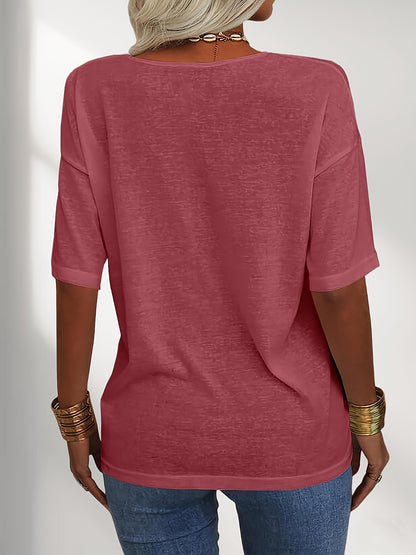 Women Fashion V-Neck Half Sleeves Oversized T Shirt Solid Casual Loose Basic Tops