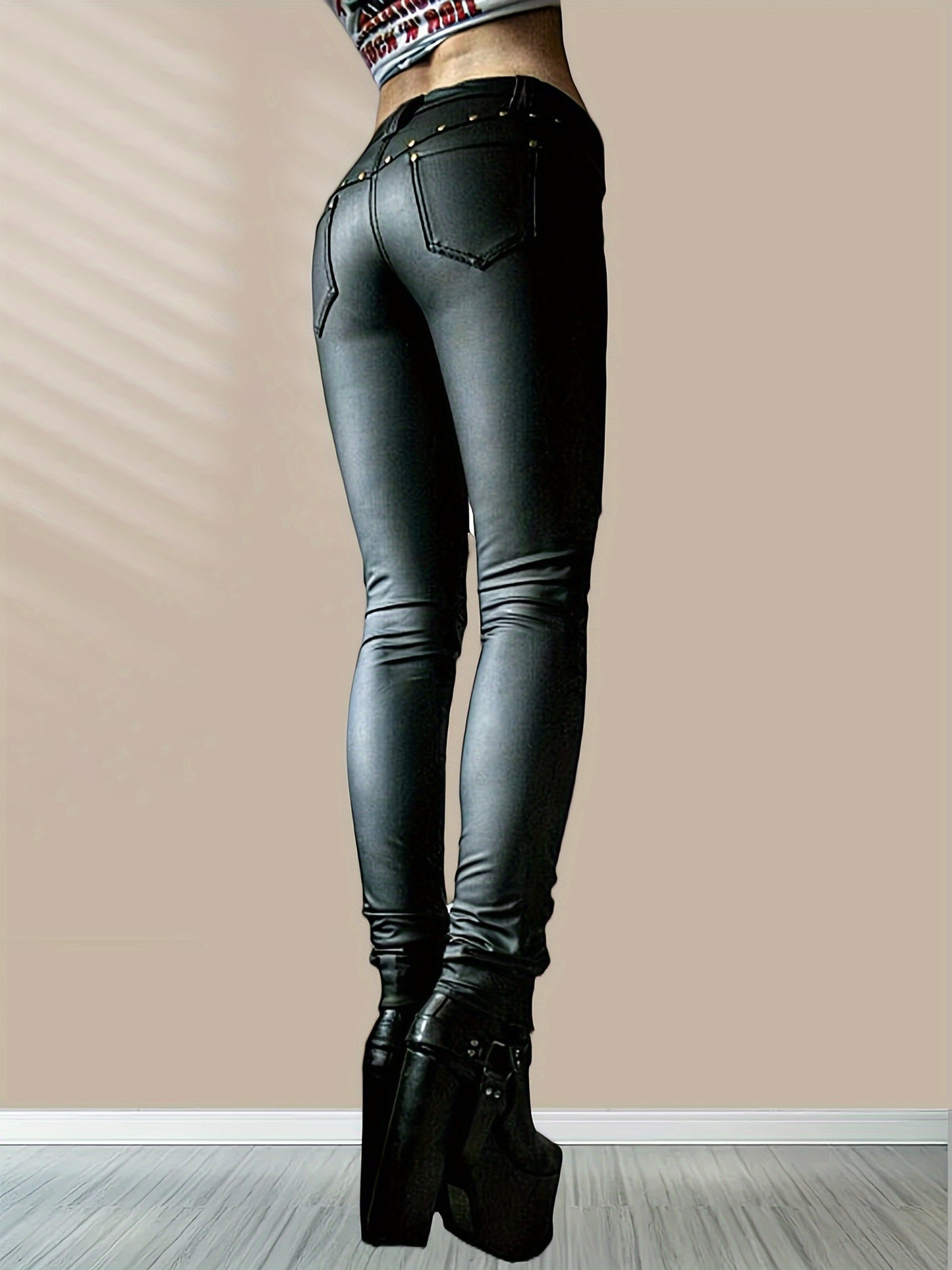 Women'S Leggings Gothic Punk Skinny Pants Mid Rise Novelty Studded Tight Pants