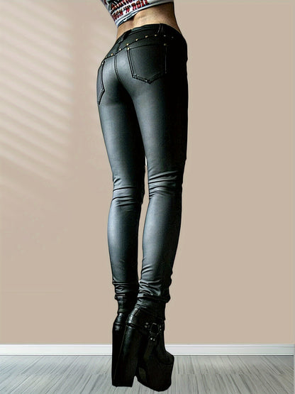 Women'S Leggings Gothic Punk Skinny Pants Mid Rise Novelty Studded Tight Pants