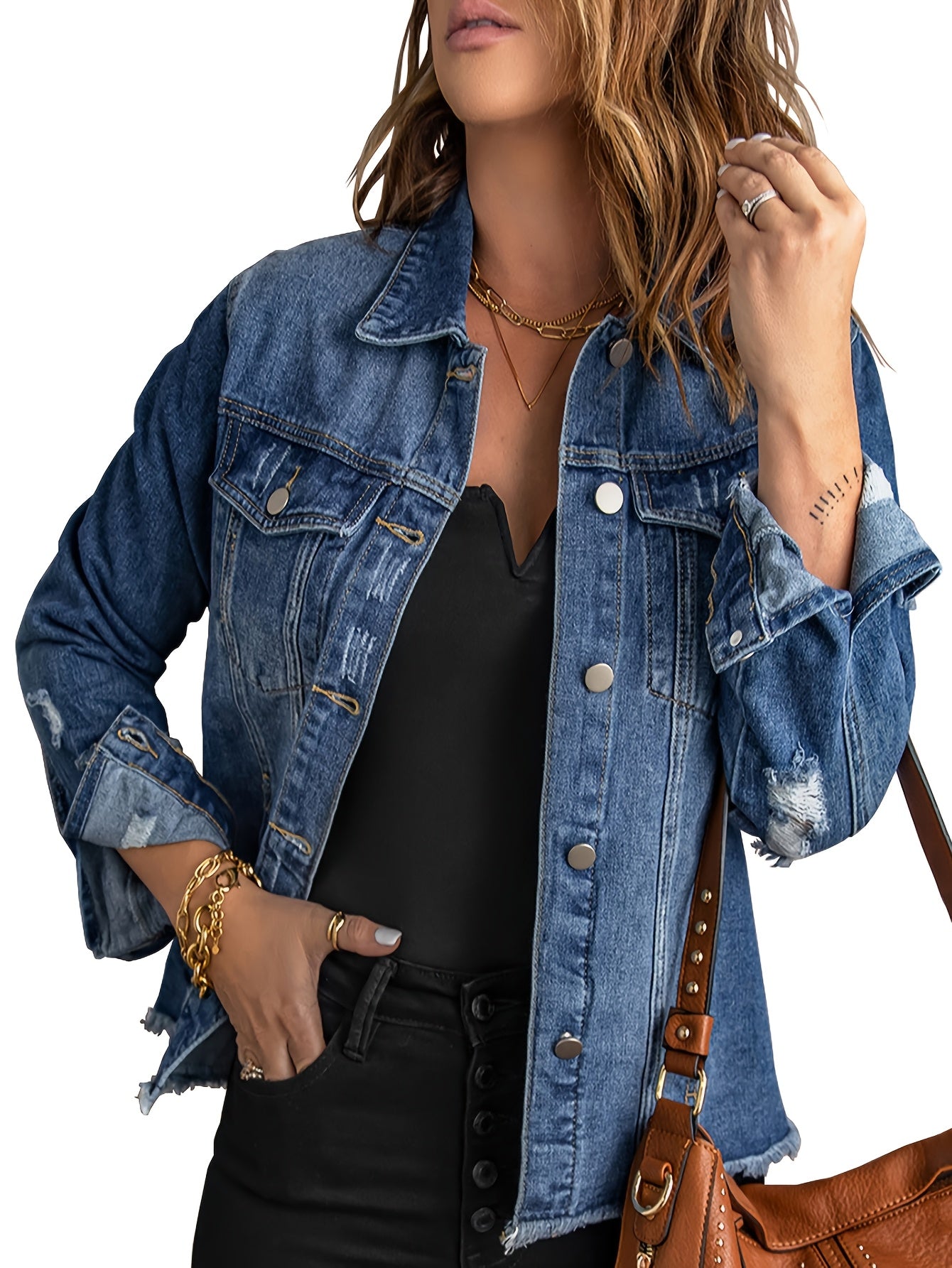 Washed Out Women's Denim Jacket with Pockets; Boyfriend Style; Distressed Look.