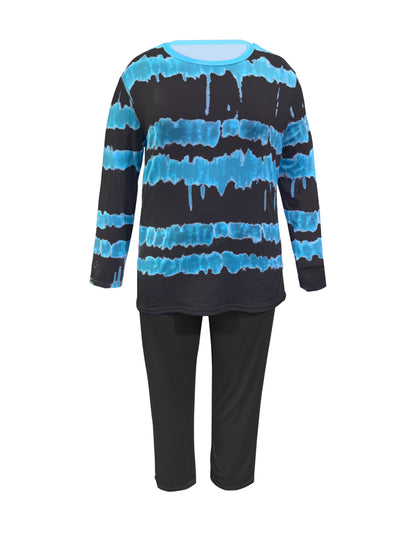 Plus Size - Plus-size Fashion Tie-dye Striped Print Long-sleeved Trousers Suit, Suitable For Going Out