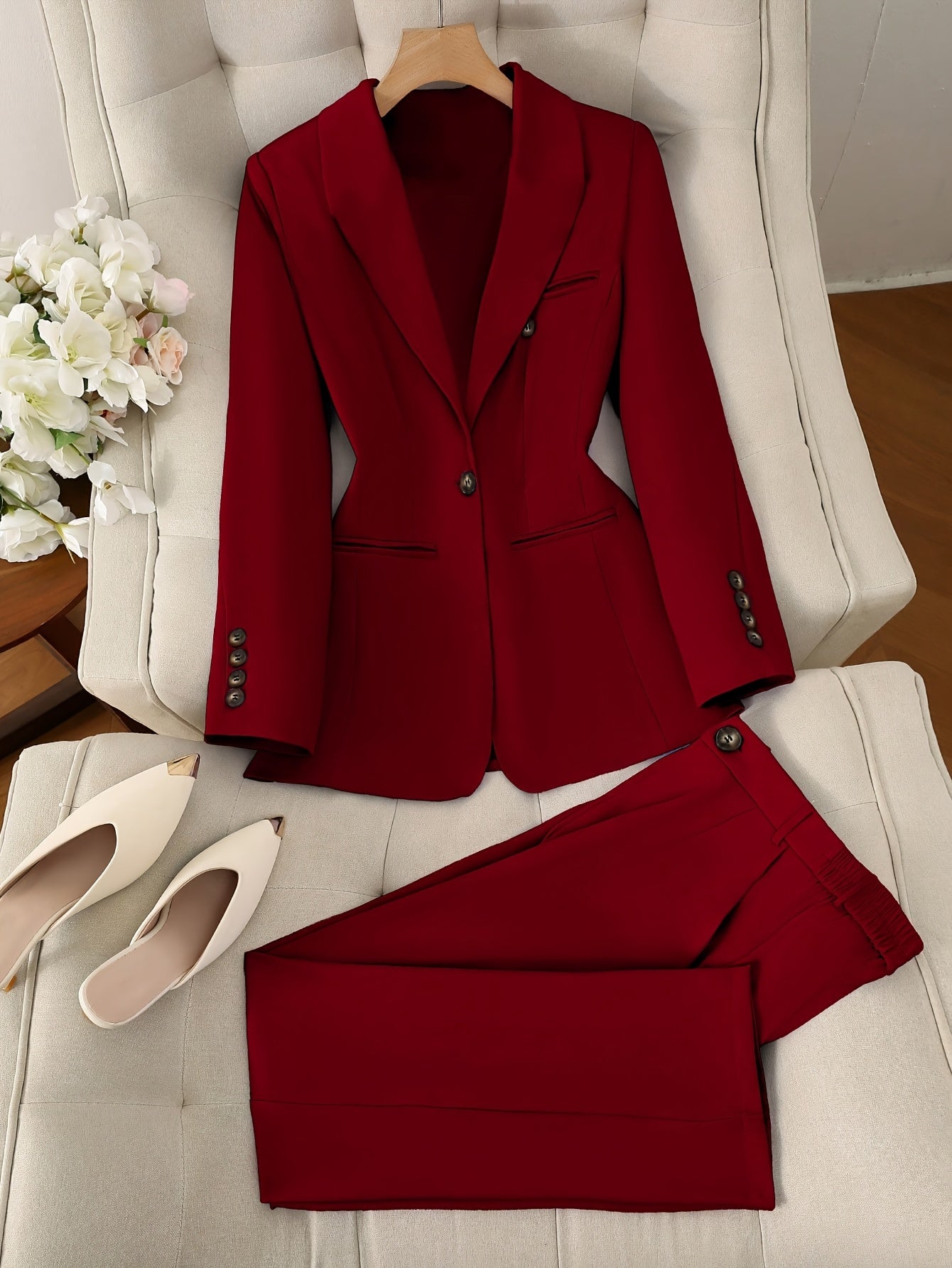 Solid Color Single Button Long Sleeve Single-Breasted Waistcoat Suit Pants Two-Piece Set