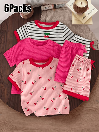 6pcs Set Of Girls' Summer New Cherry Fruit Pattern Short-sleeve And Shorts Comfortable Outfit, Perfect for Outdoor