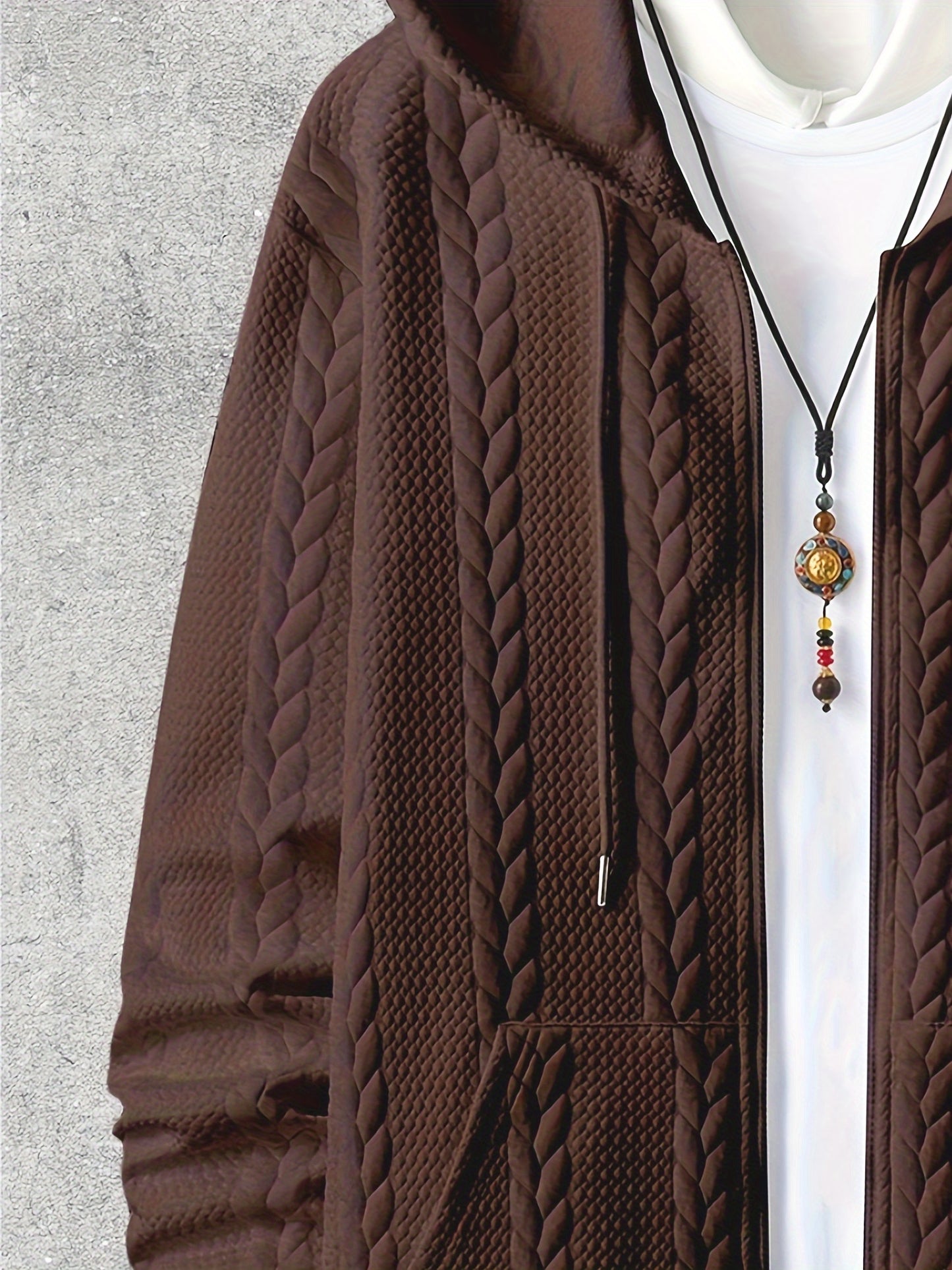 [Brown Hooded Jacket] Stylish Brown Men'S Hooded Jacket| Long Sleeve, Casual Knit Zip-Up with Pockets, All-Season Wear