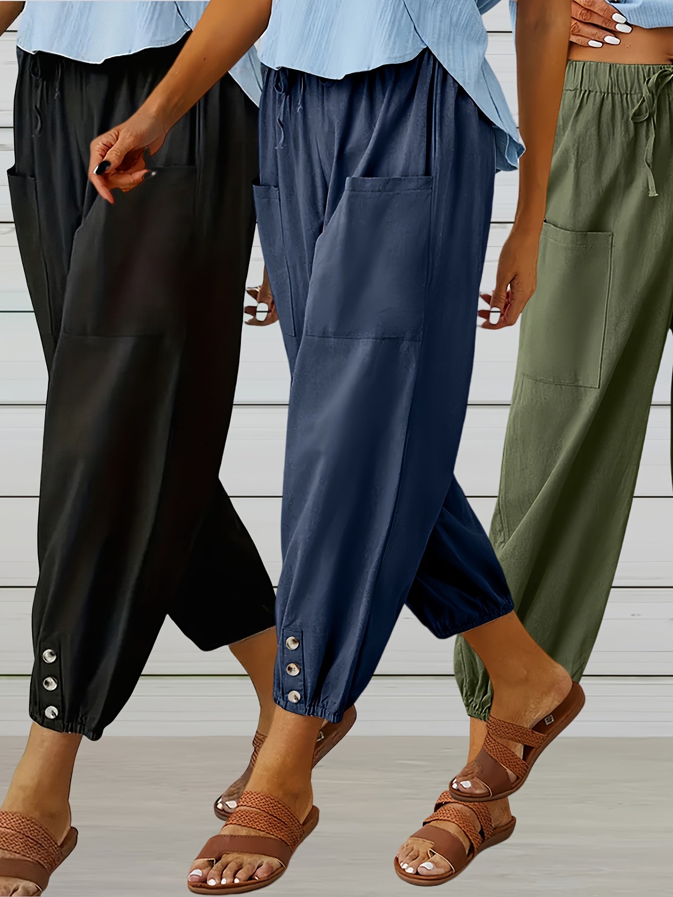 3pcs Spring Summer Autumn Women Thin High-waist Elastic Comfortable Loose Pants, False Button Leg Yoga Pants, Fashion Casual Pants