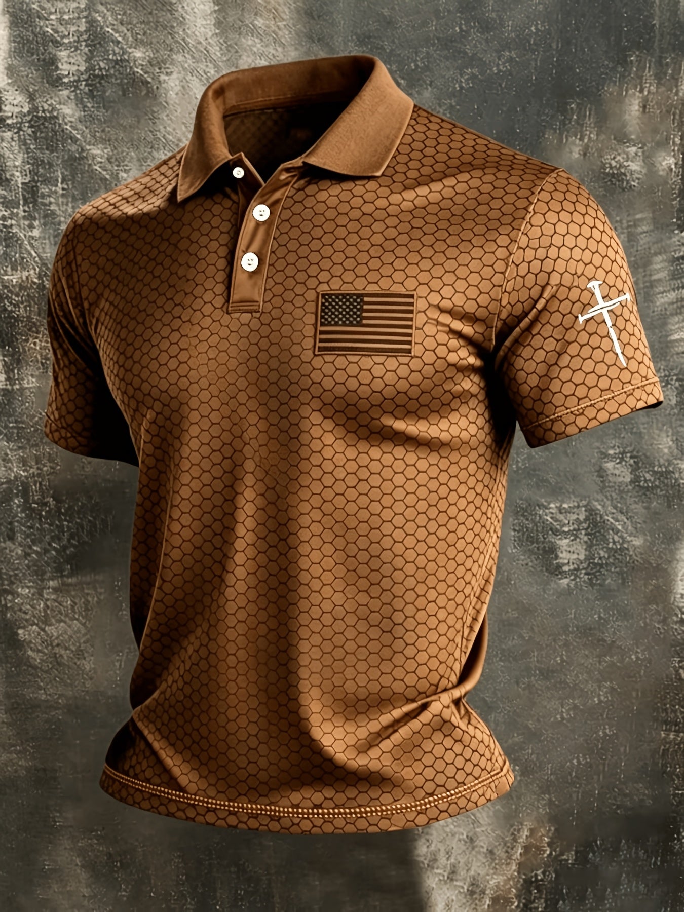 American Flag Gradient Cross Print Polo Shirt for Men's Casual Lapel Short Sleeved Patriotic Themed Commuting Top, American Flag Armband Contrasting Striped Short Sleeved Casual Business Lapel Top