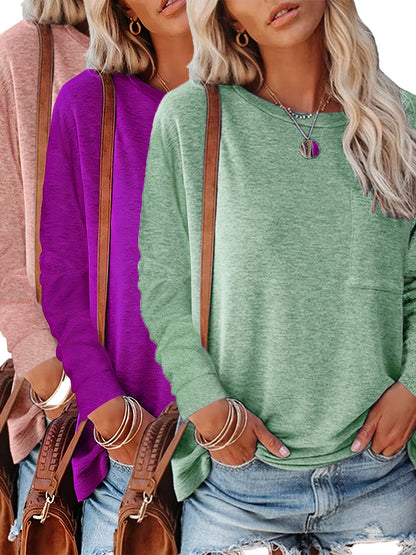 3pcs Women'S Spring And Autumn T Shirt Long Sleeve Chest Pocket Casual Comfort Top