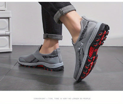 Men's Breathable Mesh Sports Sneakers, Easy-Wear Slip-On Shoes with Monochrome Fabric Upper, Rubber Sole, Round Toe Design, Low-Top Casual Athletic Footwear for Spring and Summer