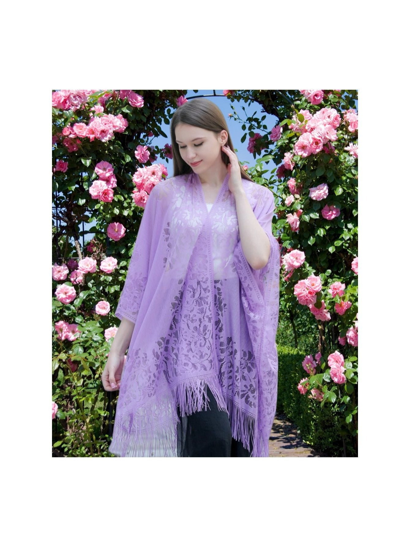 Woman's Plus Size Boho Cover Up, Lace Kimono, Women's Plus Floral Lace Batwing Sleeve Cover-Up, Open Front Tassel Trim Kimono, Lightweight Beach Cover Up