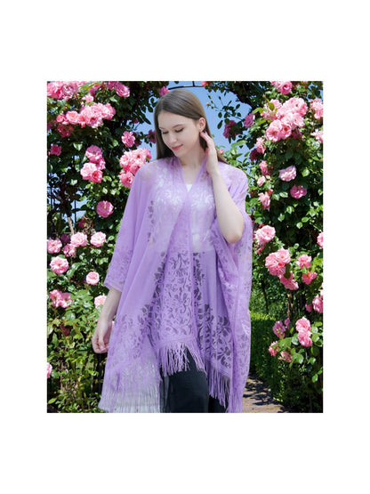 Woman's Plus Size Boho Cover Up, Lace Kimono, Women's Plus Floral Lace Batwing Sleeve Cover-Up, Open Front Tassel Trim Kimono, Lightweight Beach Cover Up